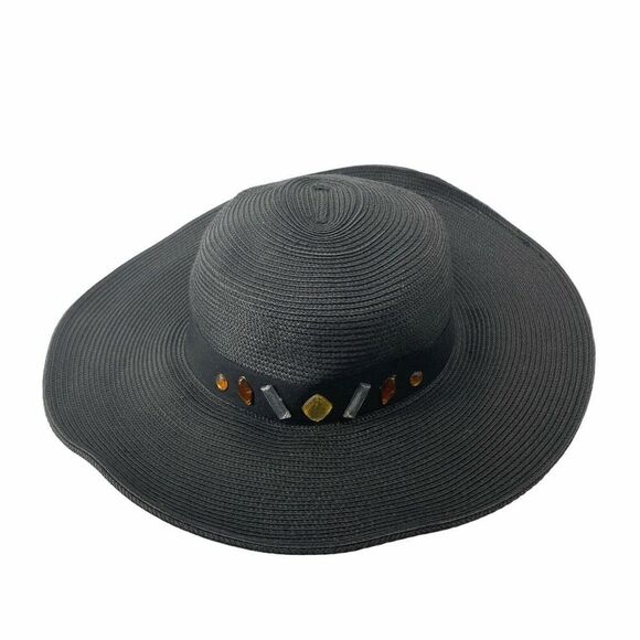 Jessica McClintock Black Floppy Beach Hat Jeweled - Picture 1 of 5